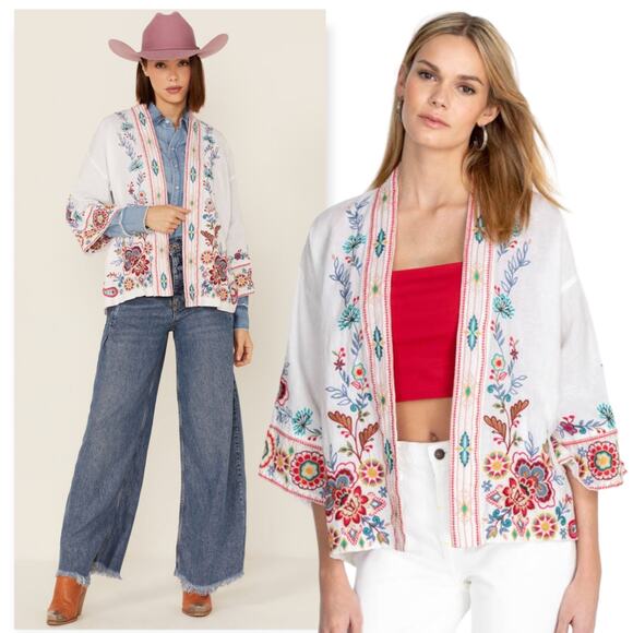 Johnny Was Sicilia Cropped Linen Kimono Jacket Floral Embroidery Size XS - Picture 1 of 12